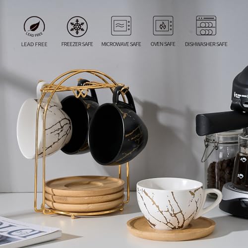 Ceramic Demitasse Espresso Cups Set with Saucers and Metal Stand (4 Count)