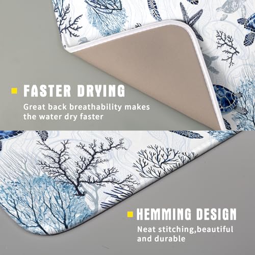 16"x18" Coastal Sea Turtles Dish Drying Mat Nautical Ocean Tortoise Coral Starfish Dish Drainer Mats for Kitchen Microfiber Reversible Dish Drying Rack Pad for Countertop Tabletop Decor