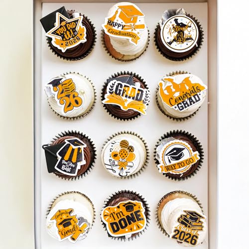 48Pcs Edible Graduation Cap 2026 Cupcake Toppers Wafer Paper Grad Cap Diploma Cake Decoration Picks for 2026 Grad Theme Party Cake Decor Supplies Black Orange (48 Count)