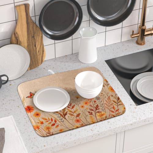 Rustic Fall Flowers Dish Drying Mat Retro Autumn Orange Floral Butterfly Dish Drainer Mats 16"x18" Microfiber Reversible Dish Drying Rack Pad Protector for Kitchen Countertop Decor