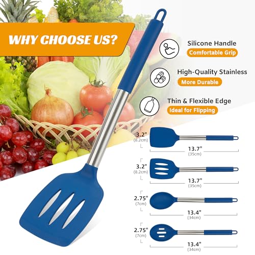 Kitchen Utensils Silicone Cooking Utensils Set for Nonstick Cookware Silicone Cooking Kitchen Utensils Set Perfect for Baking and Mixing Spatula Set BPA Free Dishwasher Safe Blue 4 Pack (4 Count)