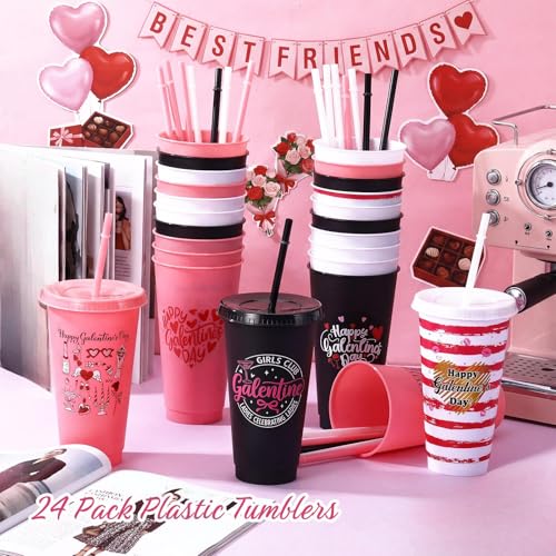 24 Pcs Galentines Gang Cups Bulk 24oz Plastic Reusable Galentines Day Tumbler with Lids and Straws Heart Valentine's Day Gifts Party Favors Supplies Decorations for Women Girls Friendship (24 Count)