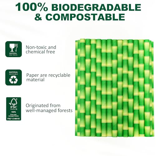 5.75" x 0.31" Green Bamboo Disposable Paper Drinking Straws for Short Drinks (250 Count)