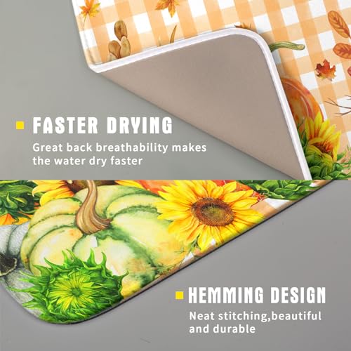 Autumn Maple Leaf Orange White Check Plaids Dish Drying Mat for Kitchen Counter