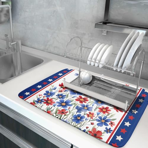 4th of July Dish Drying Mats for Kitchen Counter Patriotic Star Microfiber Absorbent Dish Drainer Rack Mat Summer Floral Independence Day Protector Sinks Dishes Pad for Countertop Table Decor 16”x18”