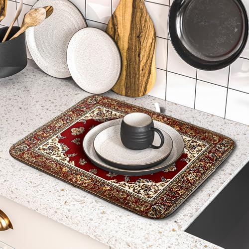 Vintage Boho Dish Drying Mat Antique Tribal Rustic Red Floral Dish Drainer Mats 16"x18" Ethnic Carpet Microfiber Reversible Dish Drying Rack Pad Protector for Kitchen Countertop Decor