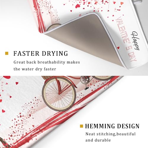 Romantic Valentine's Day Dish Drying Mat for Kitchen Valentines Bike and Tree Dish Drying Pad 18x16 Absorbent Reversible Happy Valentine Dishes Drainer Pad Holiday Dish Drying Rack Mat for Countertop
