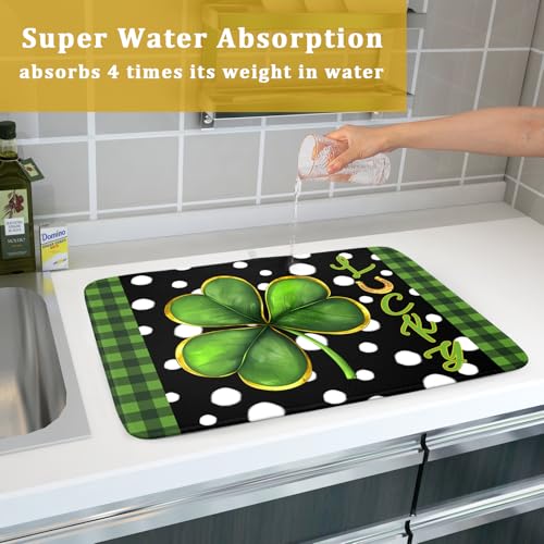 St. Patrick's Day Dish Drying Mats 18x24 Inch Green Clover Shamrock Lucky Kitchen Mat Polka Dot Microfiber Drying Mats Ultra Absorbent Reversible Dishes Drying Rack Pad for Kitchen Countertops