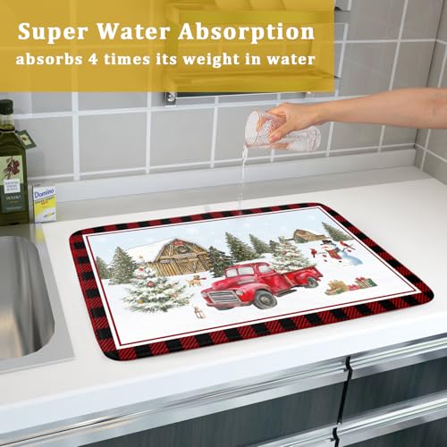 Christmas Truck Dish Drying Mat 18x24 inch Large Winter Snowman Xmas Trees Snow Farm Dish Drainer Mats Red Black Buffalo Plaids Absorbent Dish Drying Pad for Kitchen Countertop Decor