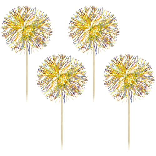 30Pcs Foil Firework Cupcake Toppers Sparkle Tinsel Cake Toppers Tinsel Drink Cake Decoration Cocktail Picks for Halloween Birthday Wedding Graduation Party Supplies Laser Yellow (30 Count)