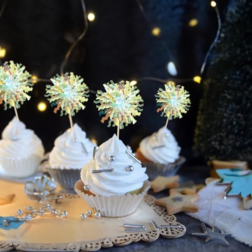 30Pcs Foil Firework Cupcake Toppers Sparkle Tinsel Cupcake Picks Firework Cake Decorations Cocktail Food Fruit Toothpicks for Baby Shower Graduation Party Supplies White (30 Count)