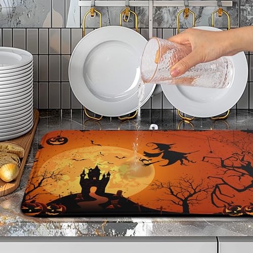 Happy Halloween Dish Drying Mat Fall Pumpkin Witch Dishes Draining Mats Spooky Castle Coffee Bar Bats Trick or Treat Dish Drying Pad Self Fast Absorbent Dryer Mat for Kitchen Countertop
