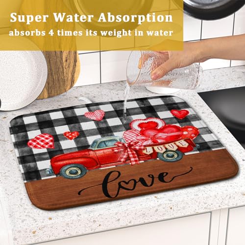 Valentine's Day Red Heart Truck Dish Drying Mat for Kitchen Counter