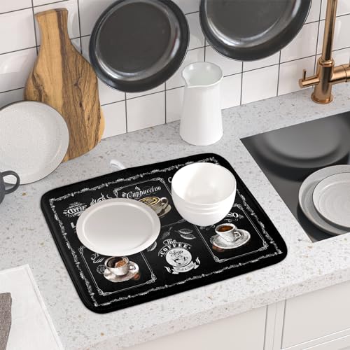 Coffee Dish Drying Mat Vintage Anti Fatigue Espresso Cup Black Bean Maker Machine Drainer Mat Small Dish Pad Dish Drainer Rack Mat Protector Kitchen Accessories Bar Time 16x18 inch