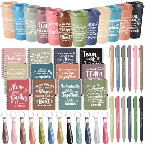 12 Set 48 Pcs Team Appreciation Gifts Bulk Team Thank You Gift Set 16 oz Coffee Cups Thank You Mini Spiral Notebooks Pens Keychains for Staff Teacher (48 Count)
