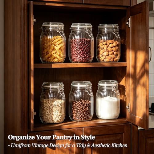 Ribbed Glass Storage Jars Airtight Lids 34oz 3 Pack Pantry Flour (3 Count)