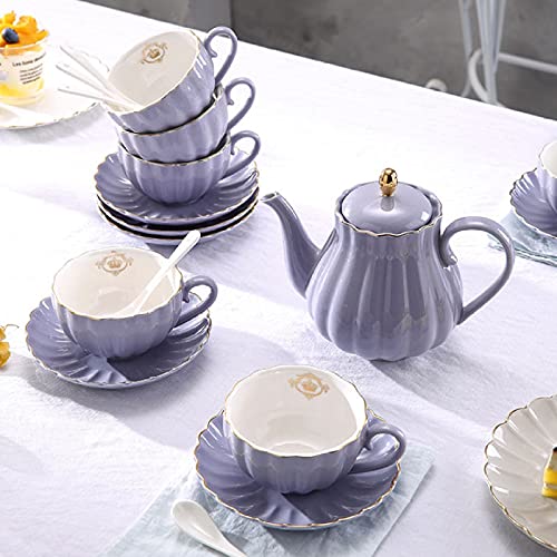 Utility 22 Pieces Ceramic Coffee Tea Gift Sets Porcelain Tea Sets British Royal Series Purple Teapot Sugar Bowl Creamer Pitcher and Teaspoons Teapots