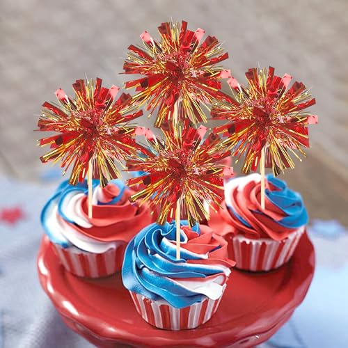 30 PCS Foil Firework Cupcake Toppers Sparkle Tinsel Cupcake Picks Happy Birthday Cake Decorations Drink Stirrers Cocktail Food Fruit Toothpicks for Baby Shower Graduation Party Supplies Red Gold (30 Count)