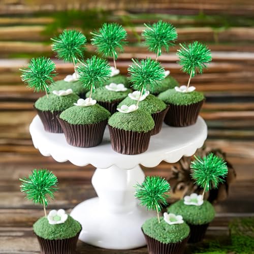 30Pcs Foil Firework Cupcake Toppers Party Birthday Cake Toppers Supplies Sparkle Tinsel Cocktail Fruit Toothpick for Birthday Wedding Graduation Party Supplies Green (30 Count)