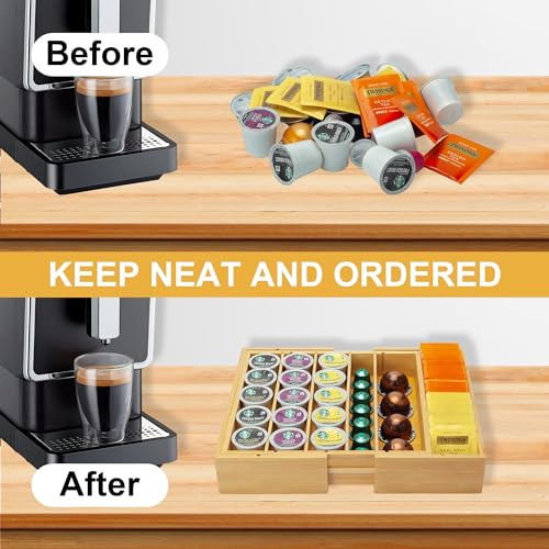Bamboo K Cup Holder for Drawer or Countertop Coffee Pod Holder Expandable K Cup Pod Storage Tea bag organizer K Cup Storage for Coffee Station Home Office and Kitchen