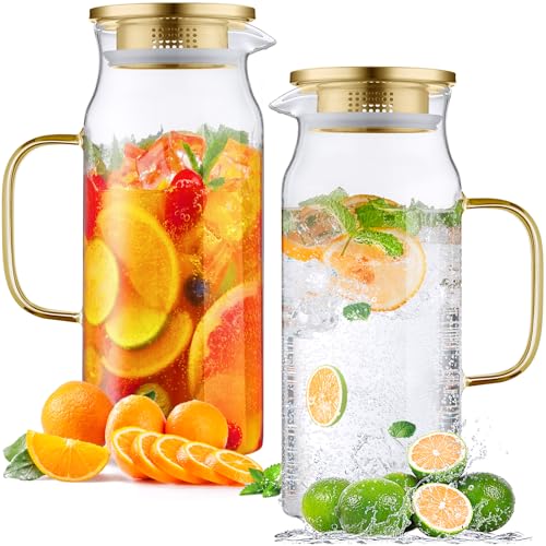 2 Pack 2 Liter 68 oz 2.1 Qt Gold Glass Pitcher with Lid and Handle (2 Count)
