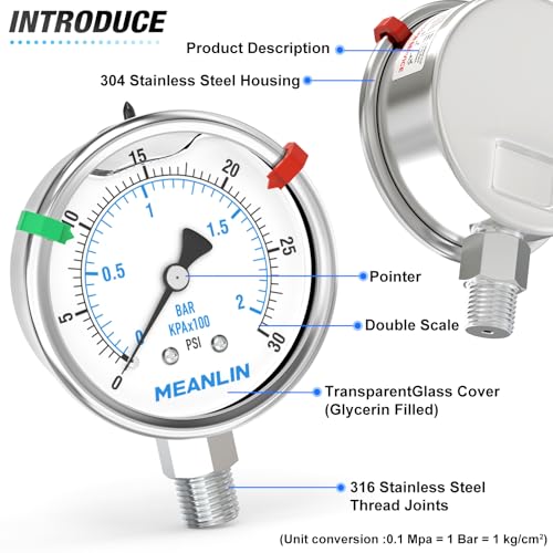 0~30Psi Stainless Steel Liquid Filled Pressure Gauge 2.5" FACE DIAL 1