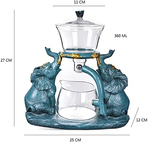 RORA Lazy Kungfu Glass Tea Set Semi Automatic Drip Rotating with Infuser Glass Teapot Set (Elephant Tea Set+6 cups)