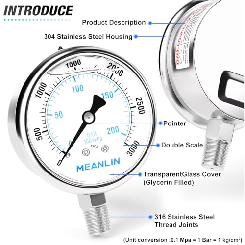 0~3000Psi Liquid Filled Pressure Gauge Stainless Steel with 316 Stainless Steel Joint 1