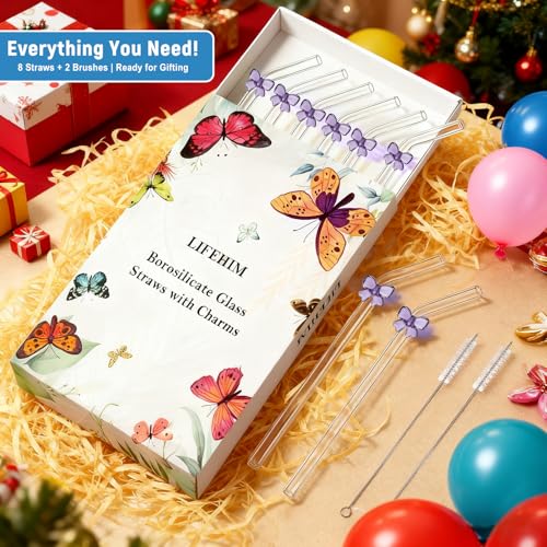 8pack Purple Bow Glass Straws with Charms (8 Count)