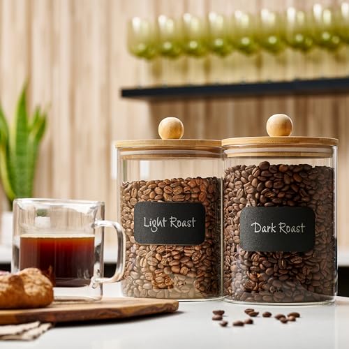 Set of 2 Glass Canisters for Kitchen Counter with Airtight Bamboo Lids + Marker & Labels (2 Count)