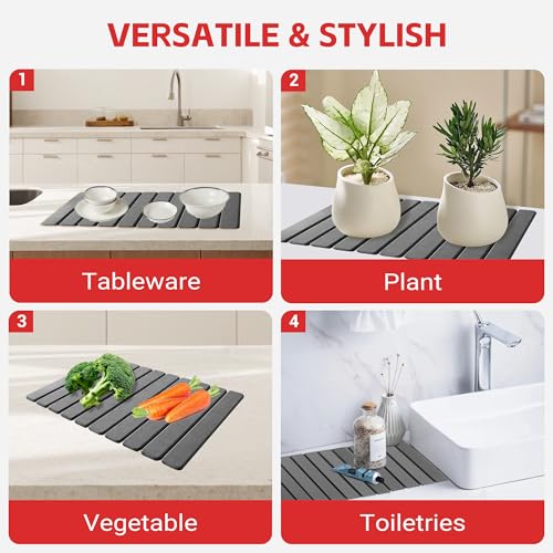 Stone Drying Mat For Kitchen Counter 24"x16" Foldable Super Absorbent Non