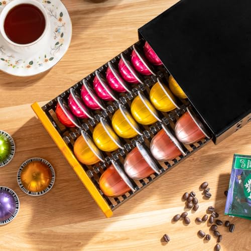 Coffee Pod Holder for Nespresso Vertuo Pod Organizer Fits All Vetuo Pods Black Metal With Wood Handle