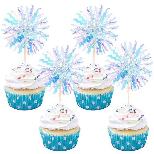 30 PCS Foil Firework Cupcake Toppers Sparkle Tinsel Cupcake Picks Happy Birthday Cake Toppers Drink Stirrers Cocktail Food Fruit Toothpicks for Baby Shower Wedding Party Decorations Supplies Blue (30 Count)