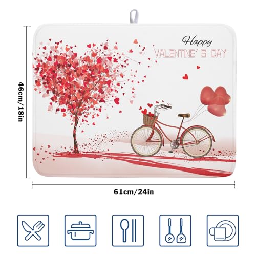 Romantic Valentine's Day Dish Drying Mat for Kitchen Valentines Bike and Tree Dish Drying Pad 18x24 Absorbent Reversible Happy Valentine Dishes Drainer Pad Holiday Dish Drying Rack Mat for Countertop