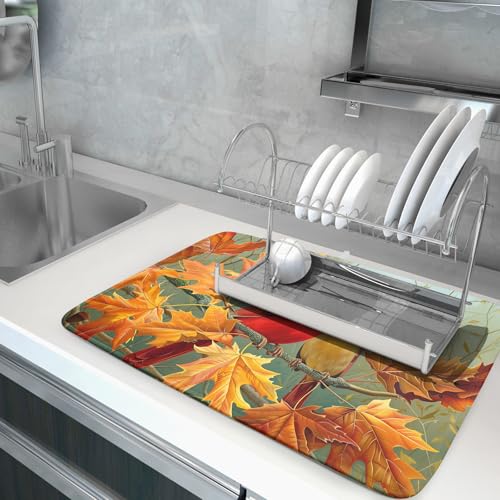 Fall Birds Dish Drying Mat 18x24 Inch Autumn Maple Leaf Tree Dish Drainer Mats Thanksgiving Decorative Microfiber Reversible Dish Drying Rack Pad Large for Kitchen Countertop Tabletop