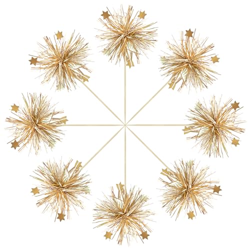 30Pcs Foil Firework Cupcake Toppers Happy Birthday Cake Toppers Sparkle Tinsel Flower Drink Stirrers Cocktail Food Fruit Toothpicks for Valentine's Day Party Supplies Gold (20 Count)