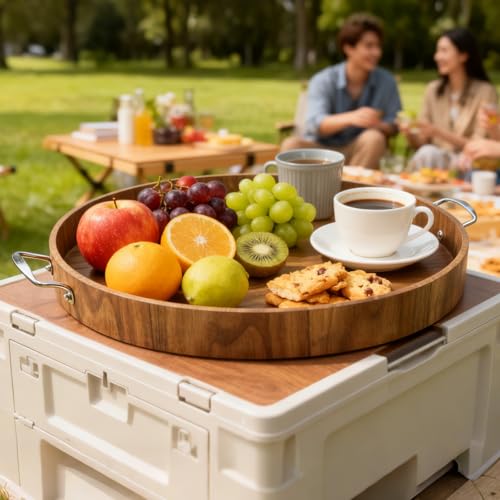 Large Round Tray 20" Round Wooden Tray Ottoman Tray with Handles Elegance and Easy to Pick Up
