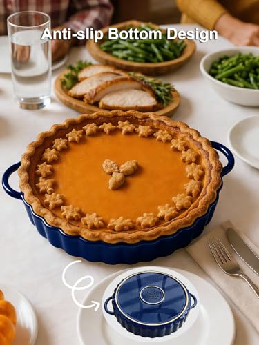10×2in Deep Ceramic Pie Pan with Handles for Pie Quiche Tart Baking. Easy to grip