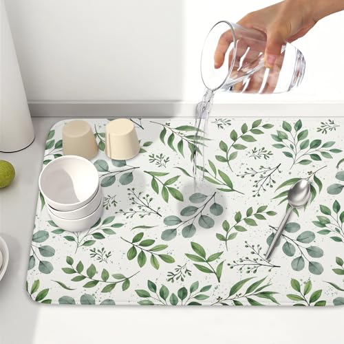 Sage Green Dish Drying Mat 18x24 In Absorbent Reversible Eucalyptus Leaves Plant Drying Mat Green Plant Dish Drying Rack Mat Spring Summer Themed Dish Drainer Mat for Kitchen Counter Coffee Bar