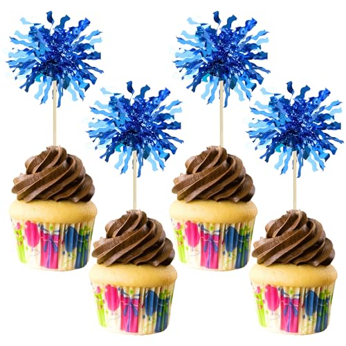 30Pcs Foil Firework Cupcake Toppers Happy Birthday Cake Toppers Sparkle Tinsel Flower Drink Stirrers Cocktail Food Fruit Toothpicks for Valentine's Day Party Supplies Blue (30 Count)
