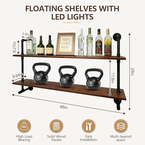 LED Floating Book Shelves for Wall Industrial Pipe Shelving 48 inch