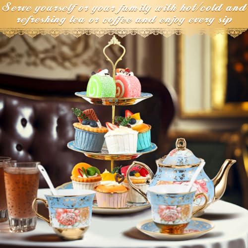 21 Pcs Porcelain Tea Set for Women Tea Party with Metal Holder and 3 Tier Cake Stand Ceramic European Floral Teapot Set for Adults Mother's Day Christmas Thoughtful Gift