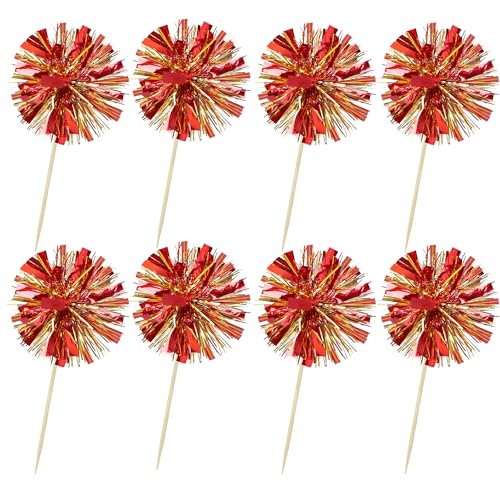 30Pcs Foil Firework Cupcake Toppers Sparkle Tinsel Drink Birthday Cake Decorations Cocktail Food Fruit Toothpick for New Years Wedding Birthday Party Decorations Gold Red (30 Count)