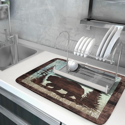 Retro Brown Bear Forest Cabin Dish Drying Mat Countertop 18x24 Fall Blue Sky Cloud Cartoon Wild Animal Bushes Drainer Mat Pine Tree Grass Dishes Pad Rustic Floral Dish Drainer Rack Wildlife