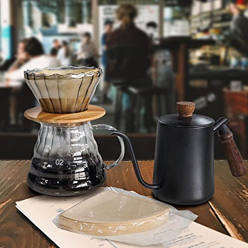 Pour Over Coffee Maker Set with Black Gooseneck Kettle Wooden Storage Tray Coffee Dripper Glass Server Coffee Scoop DIY Manual Coffee Maker Set