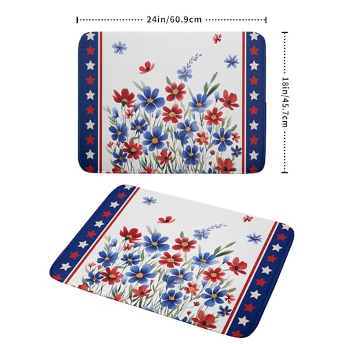 4th of July Dish Drying Mats for Kitchen Counter Summer Flowers Patriotic Kitchen Mats 18x24 Inch Absorbent Microfiber Drainer Mats Independence Day Dishes Pad Quick Dry for Tableware Protector Decor