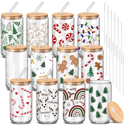12 Sets Christmas Glass Cups Gifts 16 oz Cute Xmas Tree Gingerbread Cups Snowman Tumbler Winter Candy Canes Iced Coffee Cup with Lids and Straw for Women Coworkers Birthday Party Favors (12 Count)