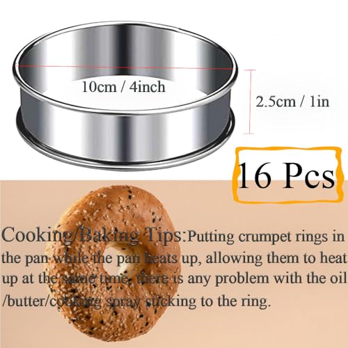 16packs English Muffin Rings Crumpet Rings 4 Inch Stainless Steel Double Rolled Tart Ring Nonstick Metal Round 4'' Ring Molds for Baking Cookies (16 Count)