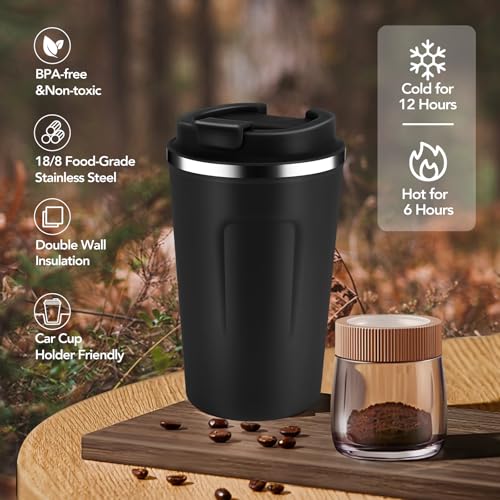 12 oz Double Wall Insulated Vacuum Travel Coffee Mugs with Flip Lid Bulk 2 Pack (2 Count)