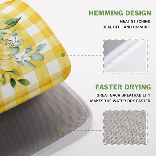 Sunflower Dish Drying Mat 16x18 Inch Absorbent Reversible Summer Sunflower Drying Mat Summer Plaid Dish Drying Rack Mat Yellow Summer Themed Dish Drainer Mat for Kitchen Counter Coffee Bar